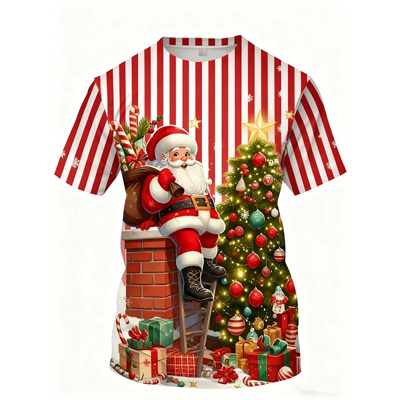 

Christmas Stripe T-shirt Cute Santa Claus O-neck Short Sleeve Tee Shirts 3D Print Reindeer Snowman Pattern Xmas Tee Top 2026 New