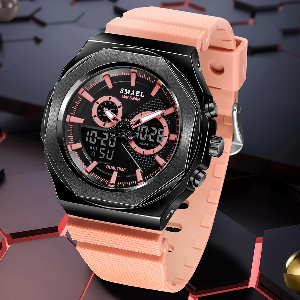 SMAEL Women Dual Display Waterproof Sport Quartz Watch LED Digital Analog Stopwatch Durable Daily Outdoor Casual Wristwatch