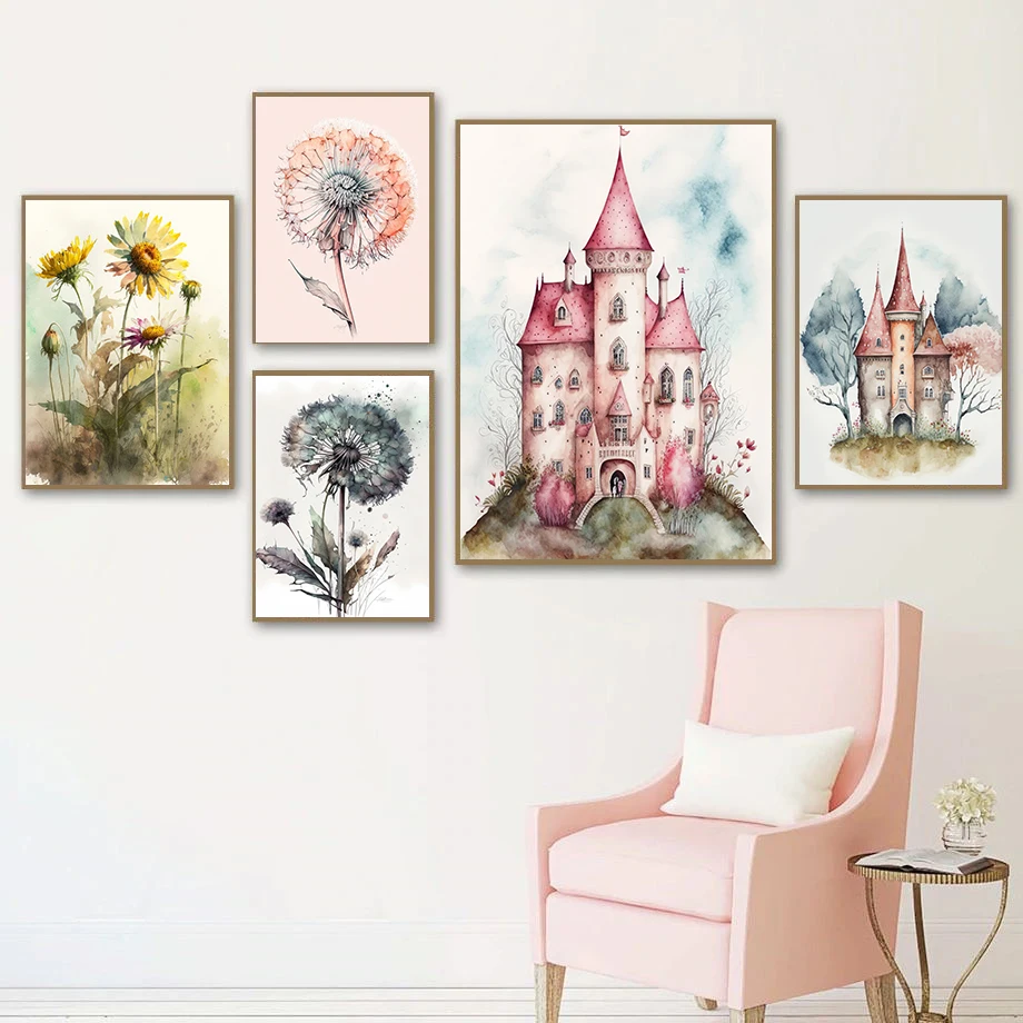 Castle Flowers Lighthouse Colored Dandelions Coloured Drawing Fashion Wall Art Canvas Painting Nordic Poster Room Decor