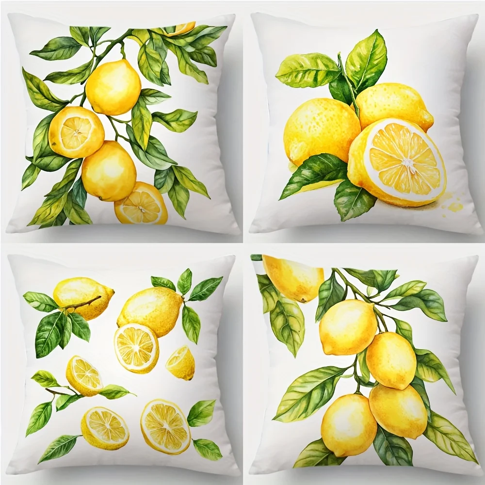 Lemon Watercolor Print Throw Pillow Cover Decorative Cushion Tropical Citrus Foliage Wall Art Home Decor Summer Mediterranean St