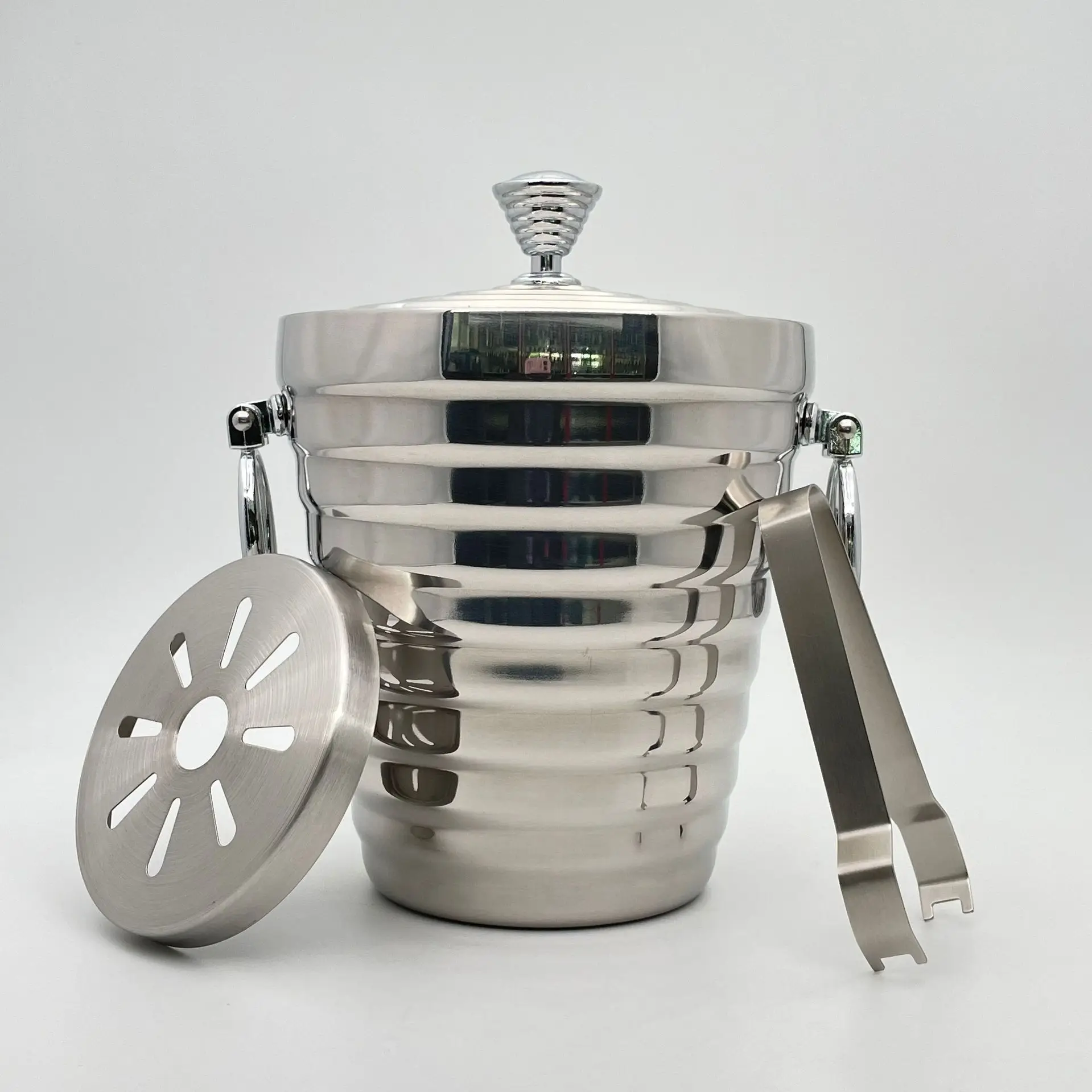 Stainless Steel Double Ice Bucket Ice Silver Diamond Threaded Granular Bucket with Lid Insulation Red Wine Bucket Hotel