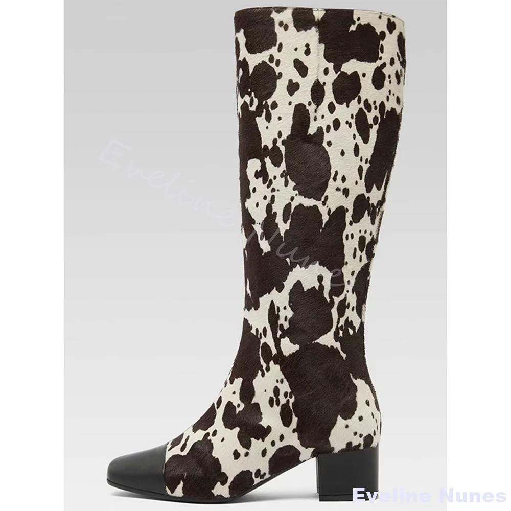 Colorblock Black White Cow Print Western Knight Boots Women Round Toe Chunky Heel Side Zipper Knee High Boots New Fashion Boots