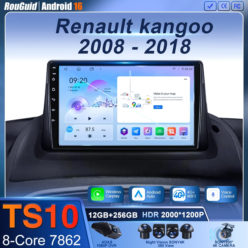 

Carplay Android 16 For Renault kangoo 2008 - 2018 Car Radio Multimedia Video Player Navigation GPS Head Unit Stereo No 2din DVD