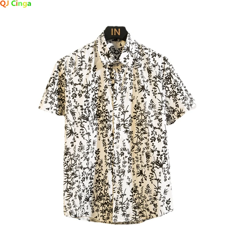 

White Printed Short Sleeve Shirt Men's Summer Cotton Shirts Stylish Slim Fit Men Top Camisa