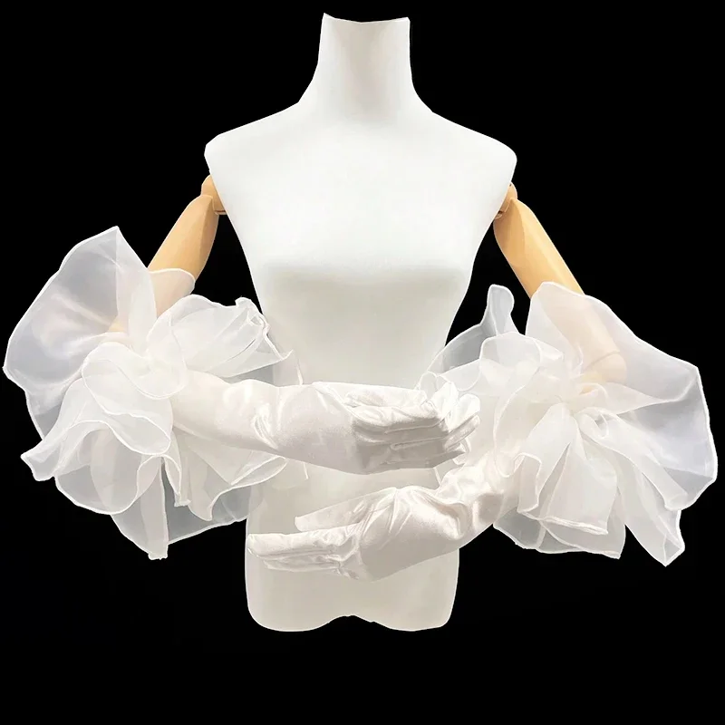 55cm Velvet Long Gloves Oversize Organza Ruffles Bridal Wedding Party Dress Etiquette Gloves Wedding Puff Arm Sleeves