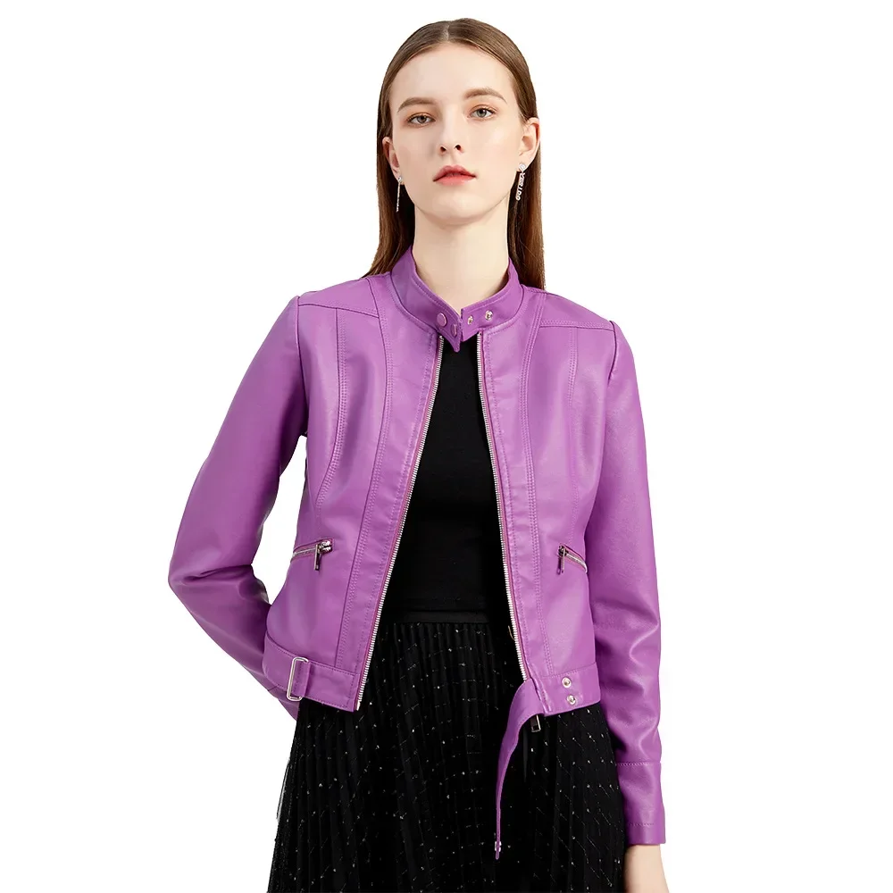 Spring Autumn Women PU Leather Short Jacket Ladies Solid With Belt Stand-up Collar Zipper Biker Coat Female Casual Outwear