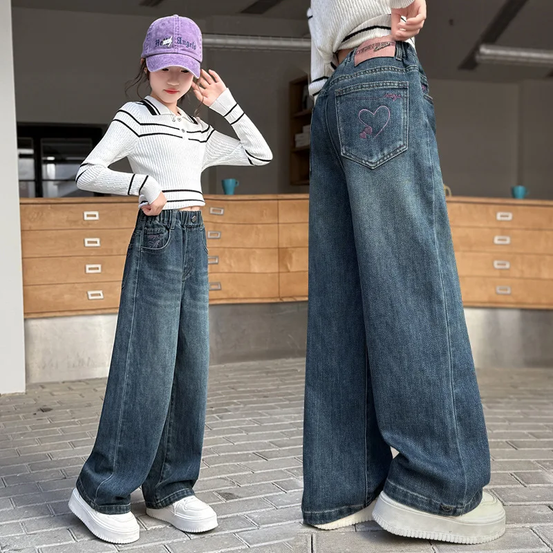Trendy Wide Leg Jeans for Girls Spring Autumn Loose Faionable Childrens Pants High Waist Long Pants Elastic Waisand Pocket heart