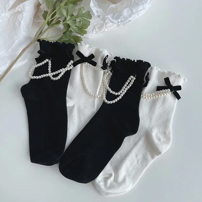 Women Socks Cotton Female Cute Sweet Kawaii Lolita Socks Handmade Harajuku Summer Pearl Stockings White Black Ruffle Girls Sox