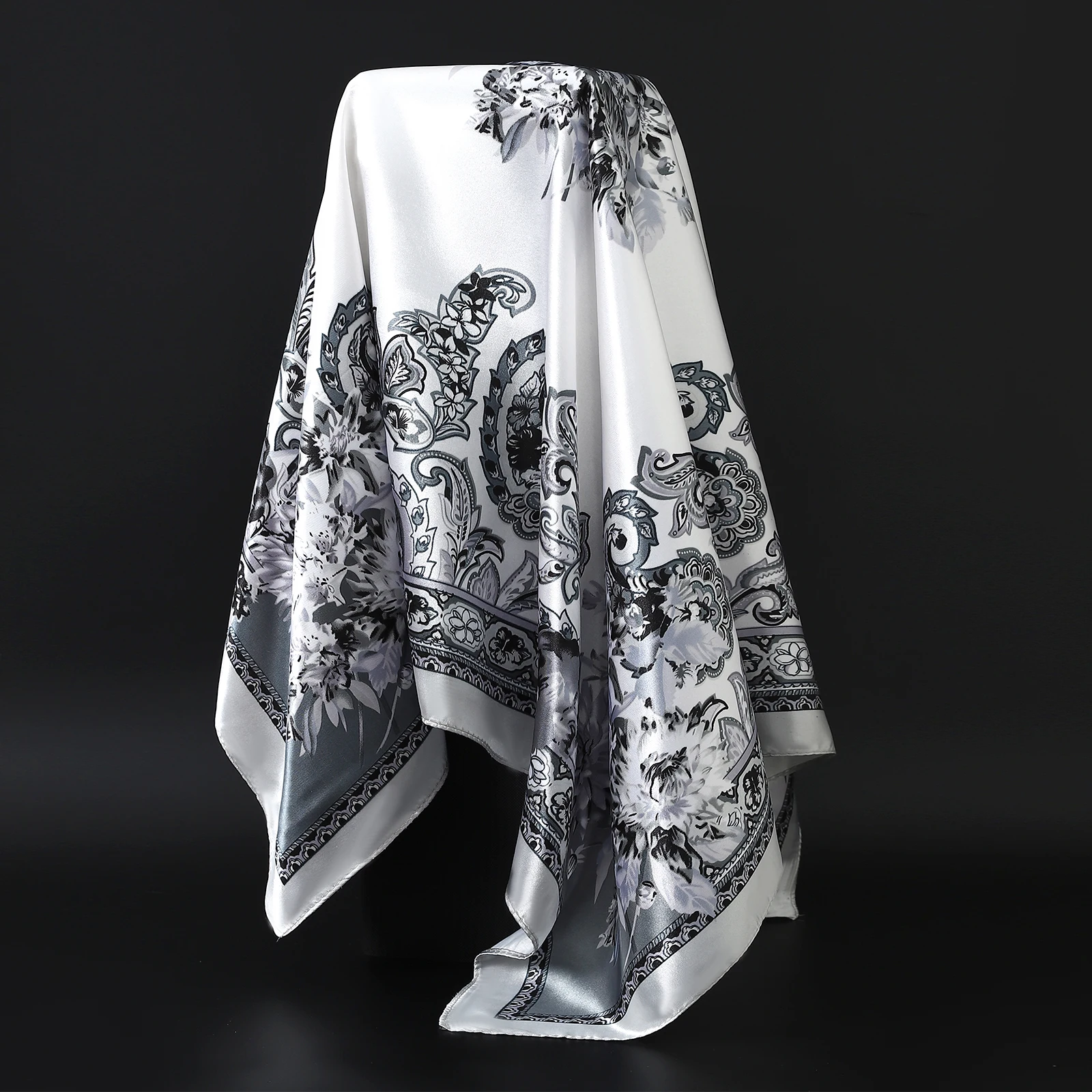 90*90cm Hair Scarf Women Fashion Designer Beautiful Flowers Foulard Soft Satin Shawl Kerchief Square Silk Scarfs Neck Headscarf