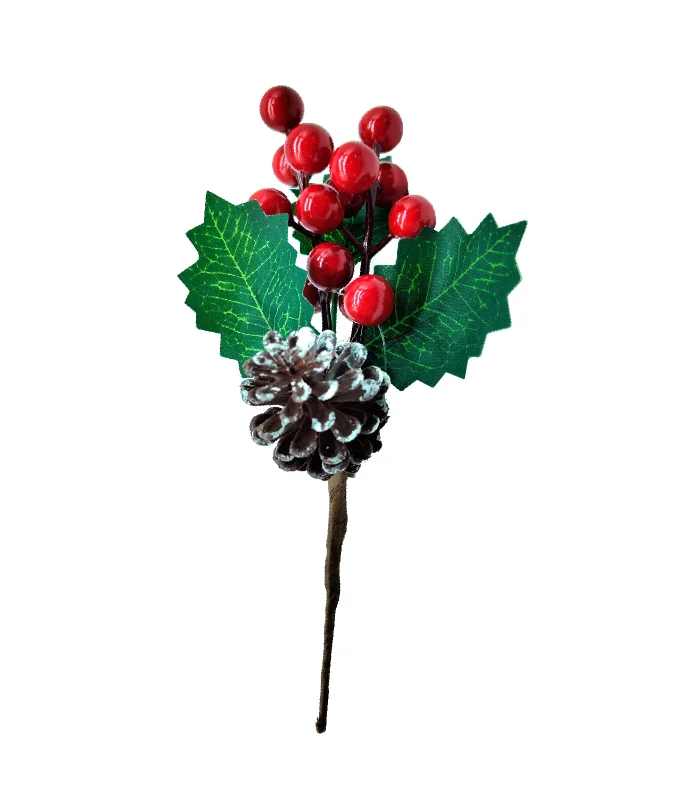 Tradineur-Christmas Holly rods with pineapple-made of polyester and plastic-decoration for Christmas season-21 cm