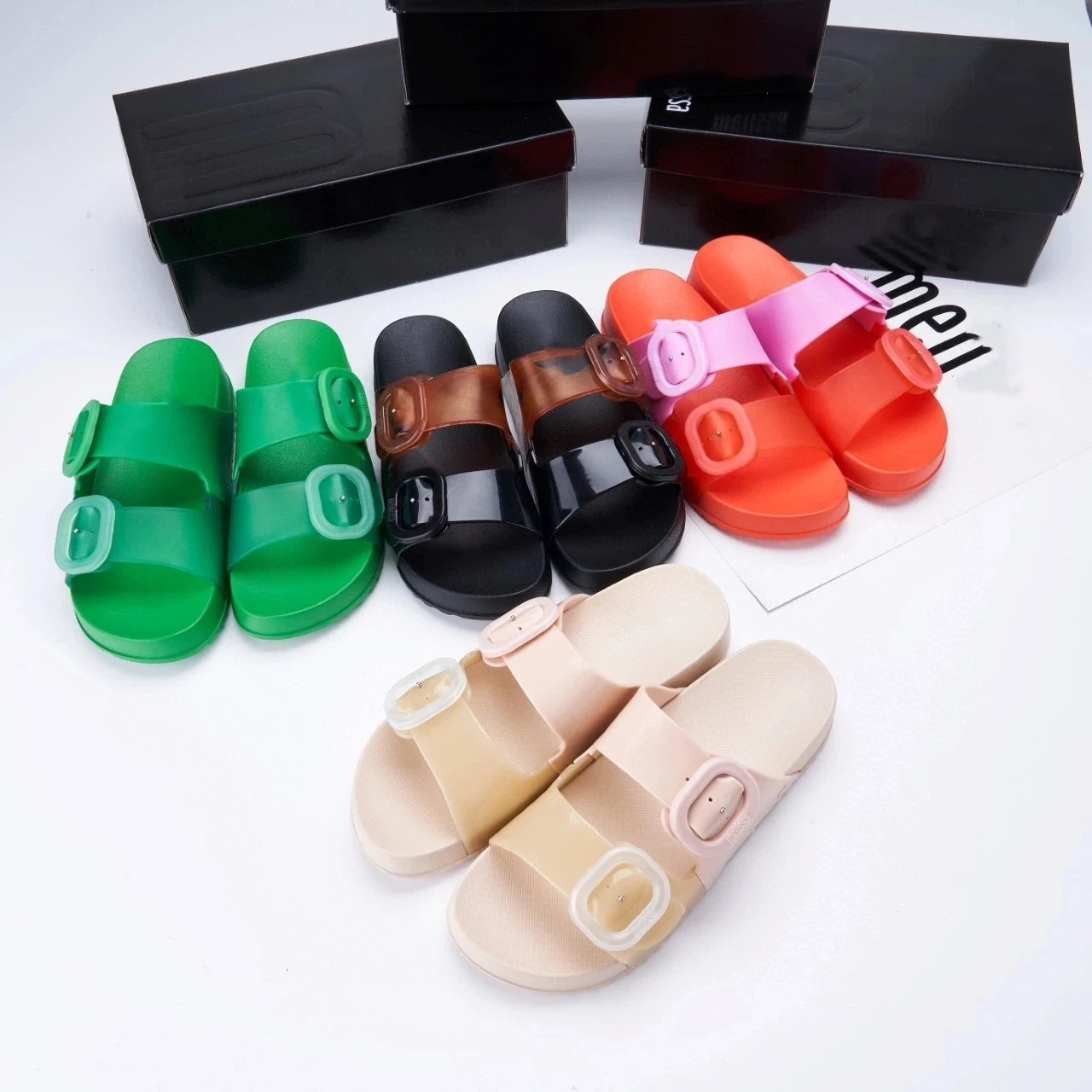 Mini Melissa Women's Fashion Sandals Ladies Double Straps Flat Bottomed Flip Flops Adult Girls Color-matching Casual Beach Shoes