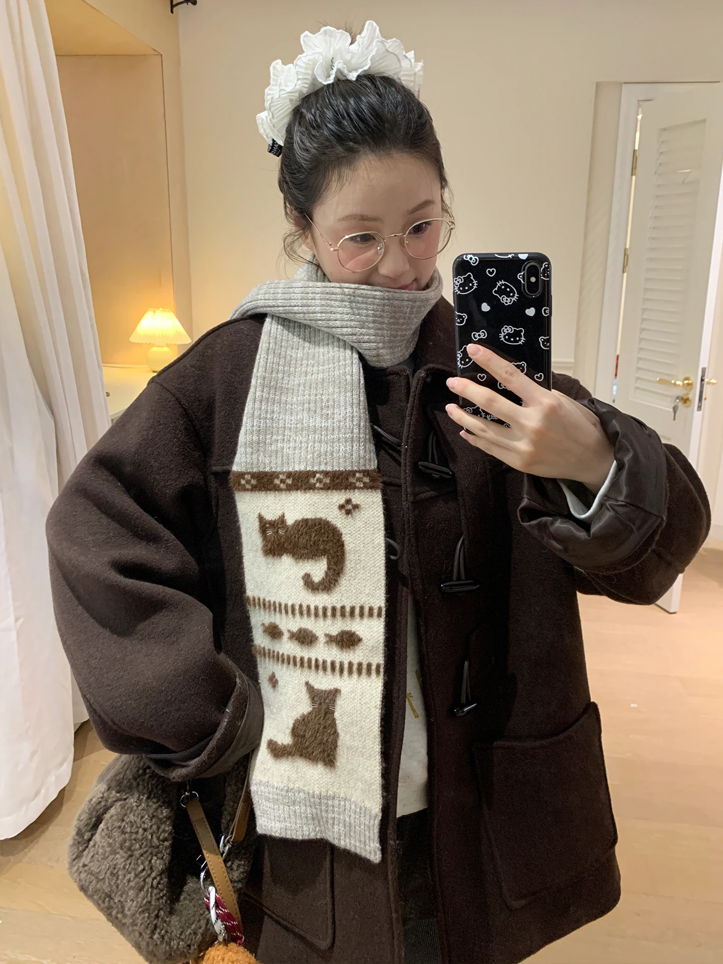 Bufanda de hilo Jacquard bonita de estilo japonés para mujer, bufanda de ambiente versátil cálida para otoño e invierno