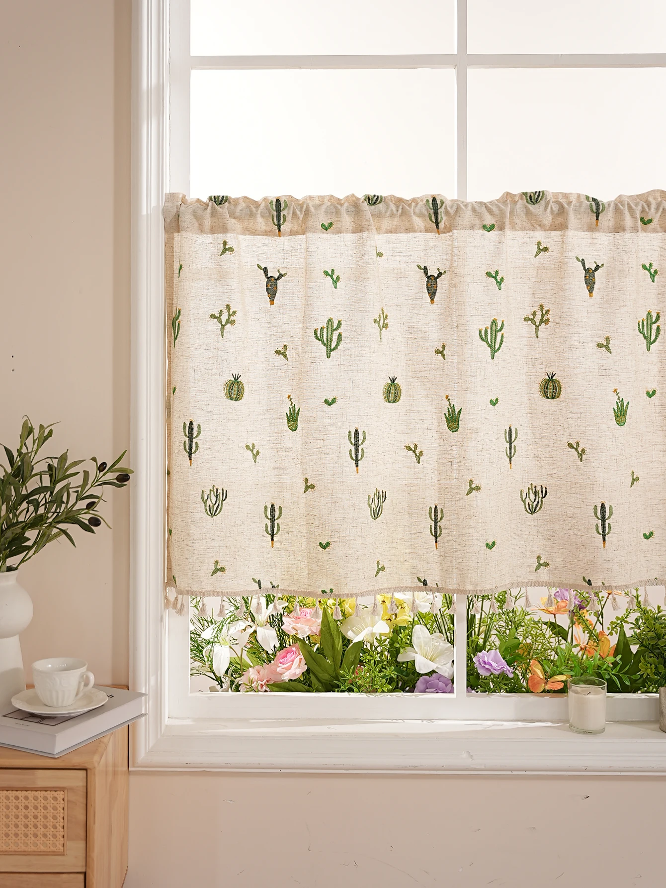 Fresh Embroidered Short Curtain for Living Room Bedroom Window Cabinet Partition Short Curtain Cactus Embroidery