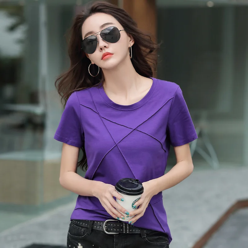 #0543 Summer T Shirt Short Sleeve Cotton Solid Color Slim Cotton Short T-shirt Women Split Joint Streetwear Tee Femme Round Neck