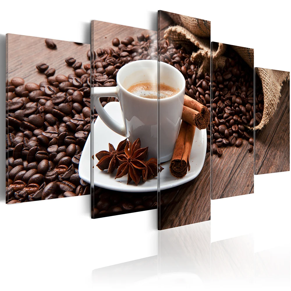 5 Panels Coffee Beans Posters and Prints Bread Food Canvas Painting Wall Art Pictures for Living Room Modern Home Decor No Frame