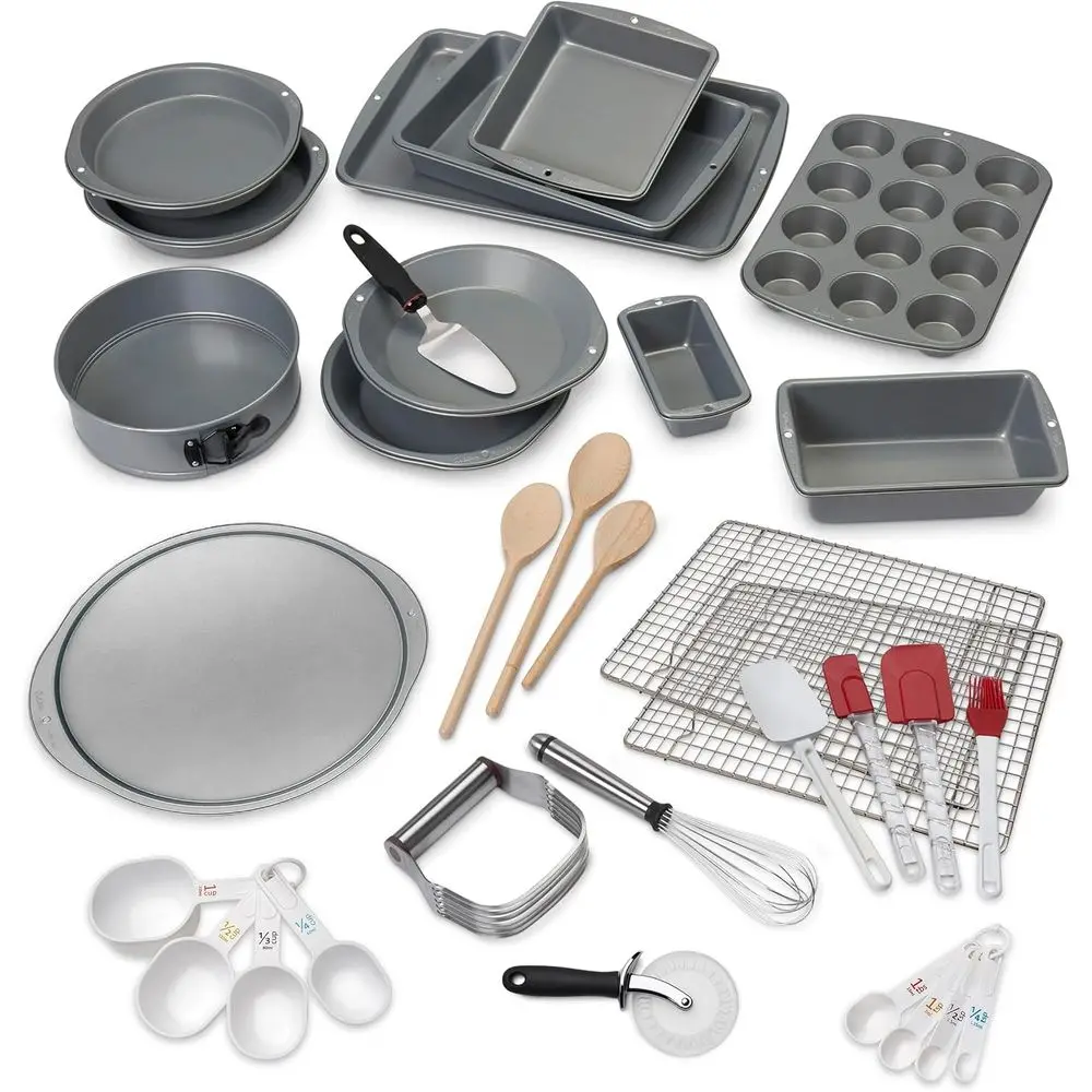 

Bakeware Set - 33 Count Metal & Silicone Kit for Cooking & Baking, Includes Various Pans, Utensils, and Measuring Tools