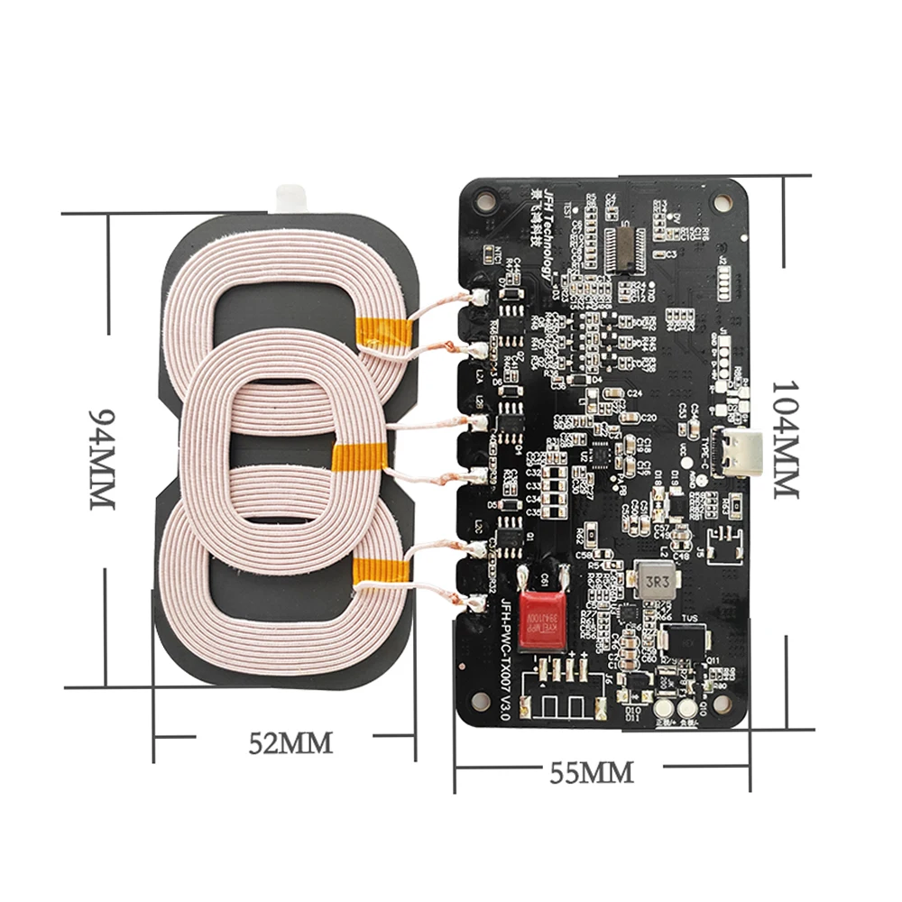 9-32V 20W Type-C Wireless Fast Charger Module 3 Coils Anti-reverse Short Circuit Protection Fast Charging Board for Car