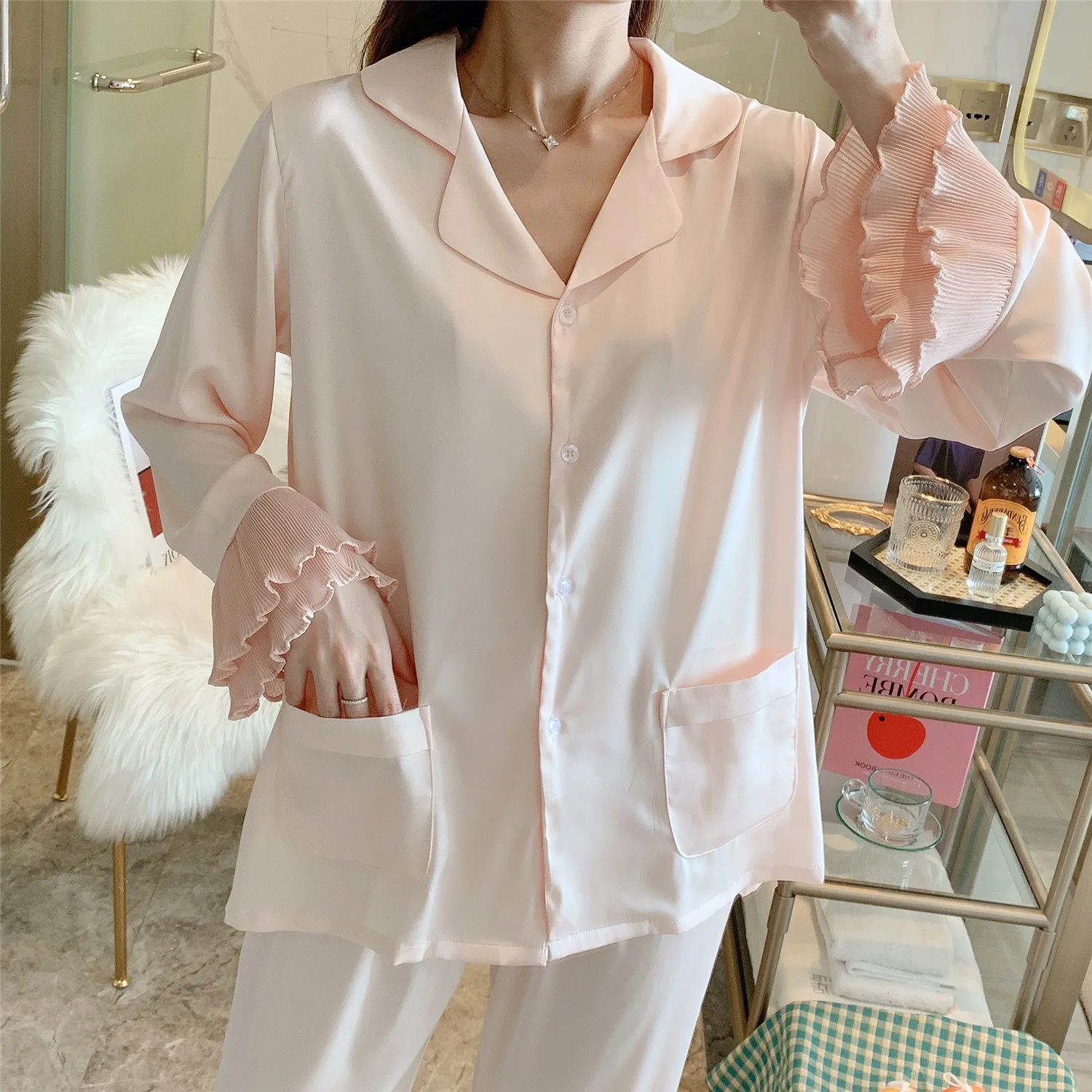 Silk Pajama Set Women Flare Sleeve Soft Home Clothes 2 Piece Set Palace Wind Pure Color Long Sleeve Trousers Sleepwear Suit L506