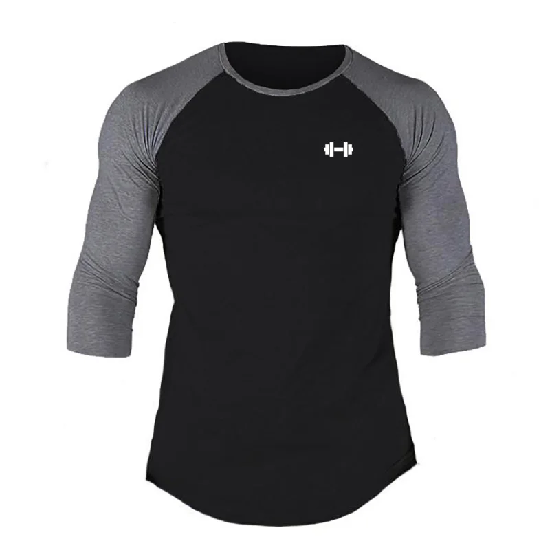 Mens Casual Cotton Breathable T-Shirt Slim Fit Three Quarter Sleeve Shirts Autumn Fitness Muscle Tops Gym Bodybuilding Clothing