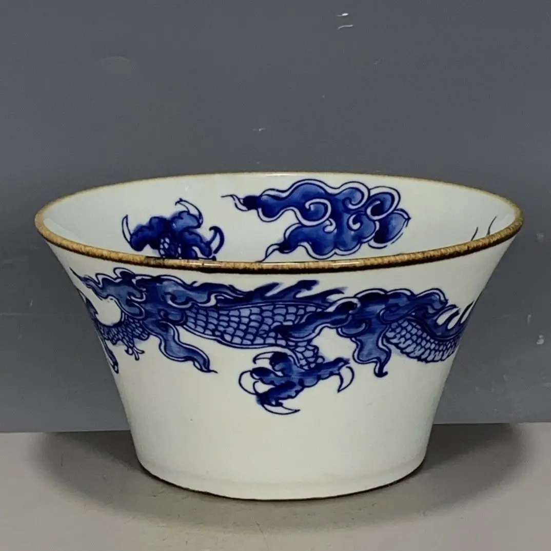 Porcelain Horseshoe Bowl with Wide Flared Rim, Freehand Underglaze Blue-and-White Wall-Crossing Imperial Dragon Motifs