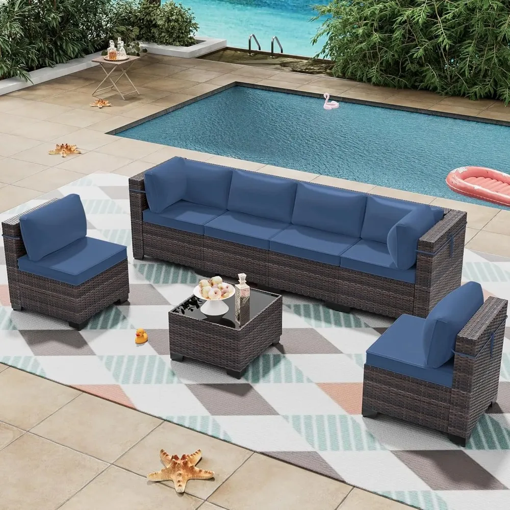 7 PCs Outdoor Patio All Weather PE Wicker Sectional Sofa  Modular Furniture Set with Coffee Table,6 Chairs, Seat Clips,Dark Blue