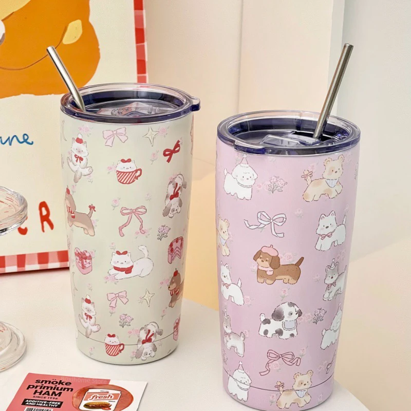 Kawaii Puppy Stainless Steel Thermoses Large Capacity Tumbler Ice Coffee Juice Cup With Straw Thermal Mug Drinkware Bottle 500ML