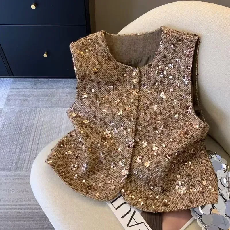 

Heavy Industry All Match Sequined Tweed Vest Women's Vest Jacket French Sleeveless Fashion Korean Trend Top