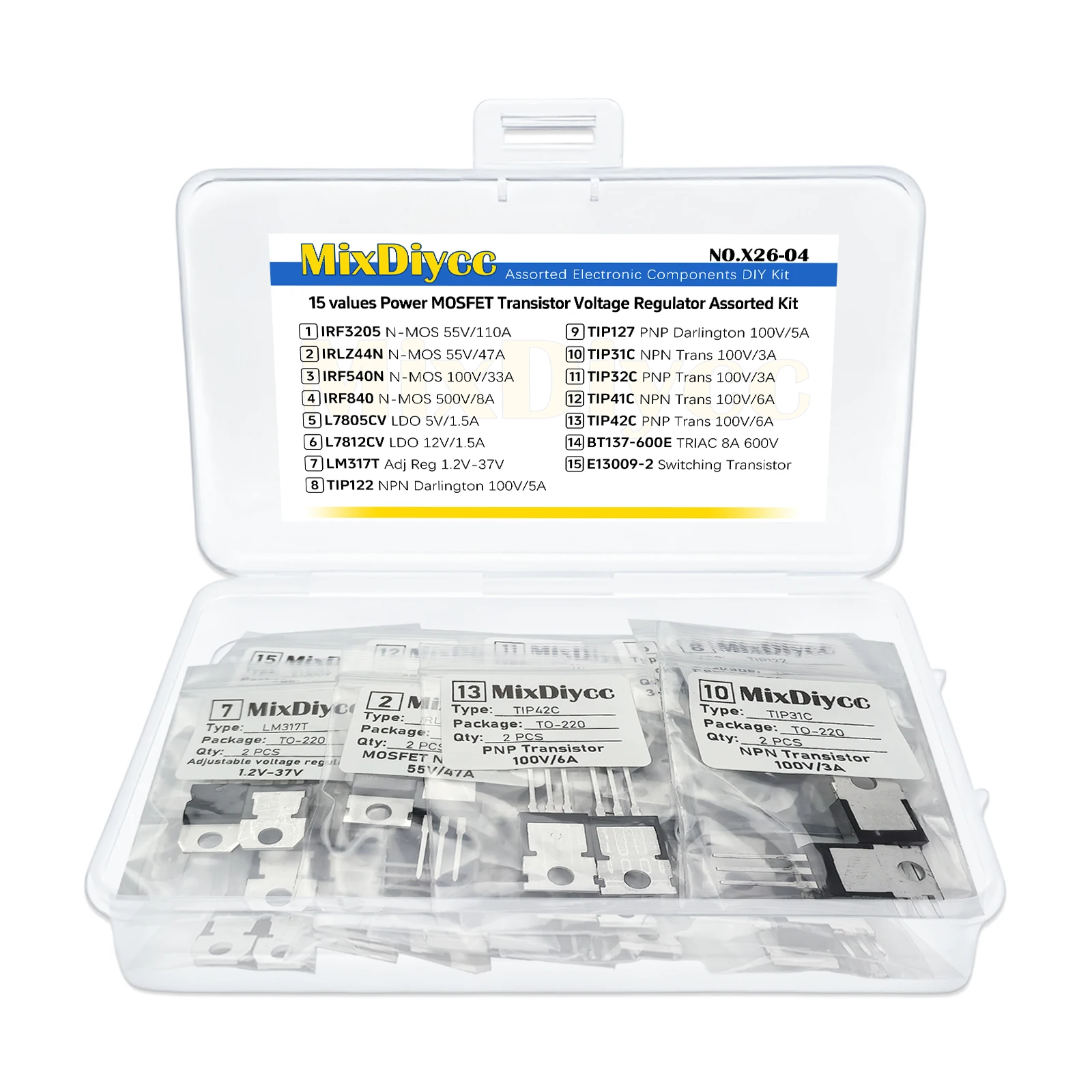 15 Values TO-220 Kit TIP IRF3205/IRLZ44N/IRF840/L7805CV/L7812CV/LM317T/122/127/31C/32C/41C/42C/BT137-600E/E13009-2 Total 30 Pcs