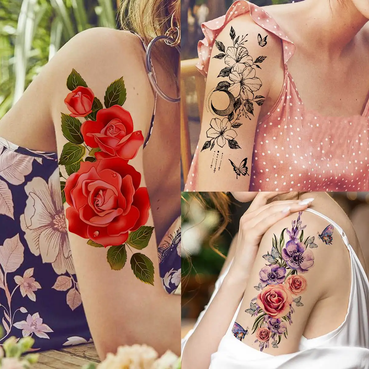 18 Sheets Watercolor Flower Temporary Tattoos For Women Adults Body Art Tattoo Sticker Fake Butterfly Rose Floral Tatoos Paste