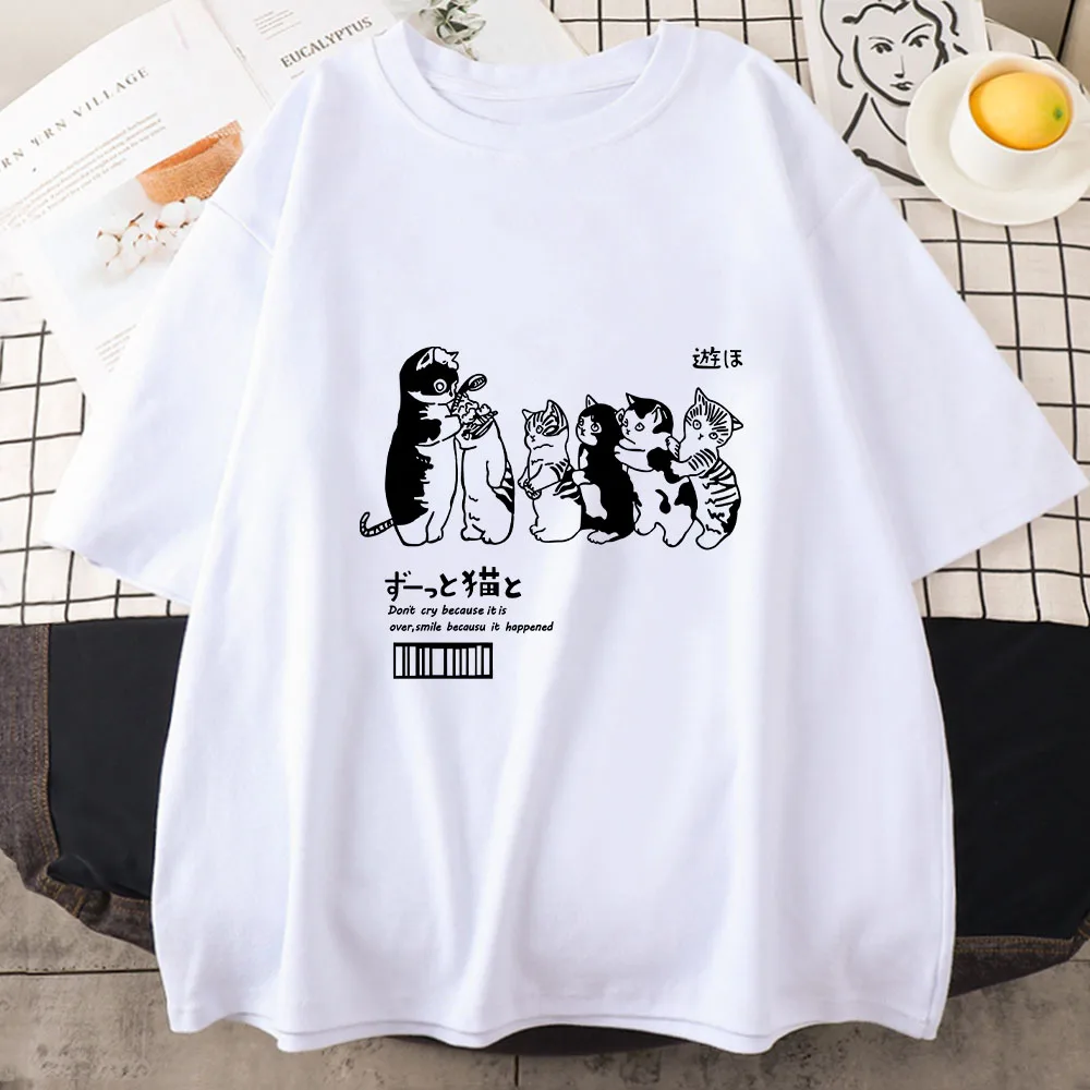 Japanese Kanji Cat 100% Cotton Oversize T Shirt Short Sleeve Women\'s Tops 2023 Summer Couples Loose Fashion Tees Korean Style