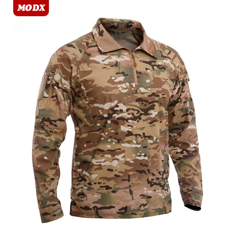 Camouflage Outdoor Elastic Long Sleeved T-shirt Breathable Quick Drying Slim Fit Tactical Top Half Zipper Lapel Pullover Shirt