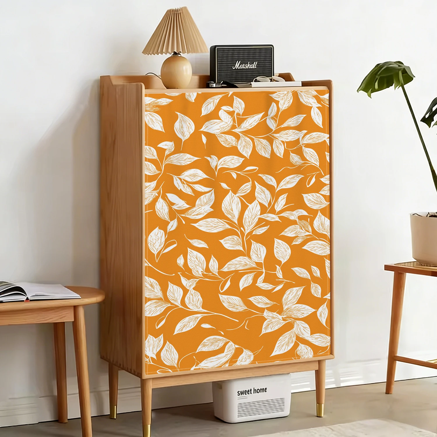 Warm Orange Painted Leaf Cabinet Curtain Bohemian Plant Boho Drapes for Shelf Shoe Cabinet Kitchen Home Interior Privacy Screen