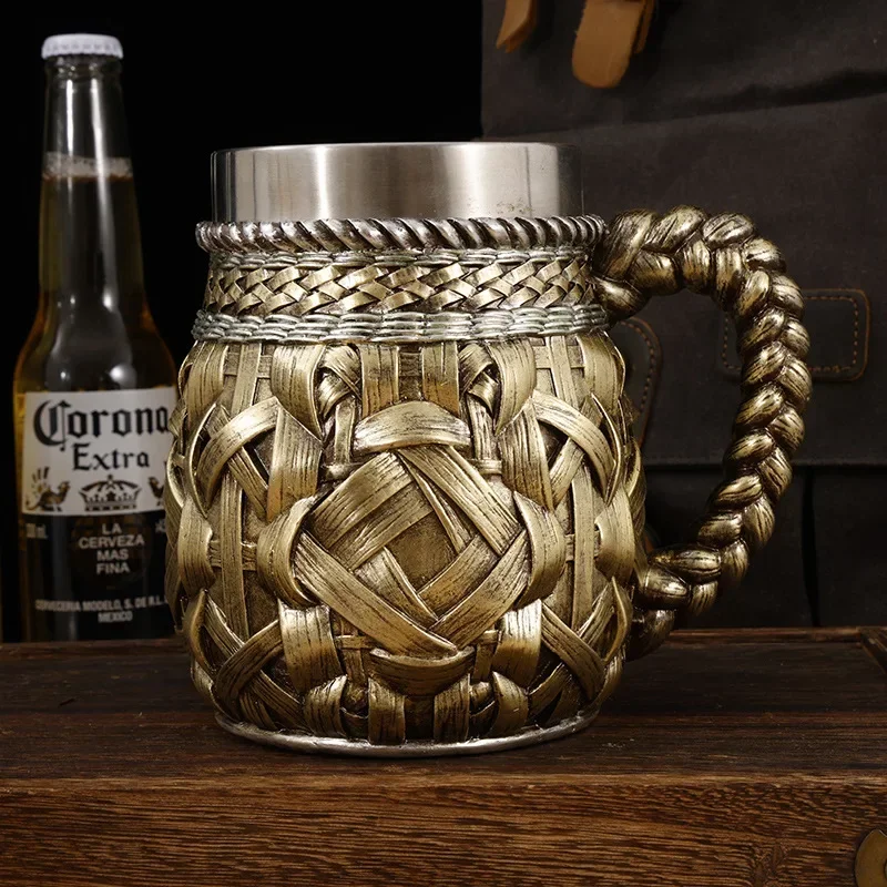 

Bamboo Woven Wooden Barrel Beer Mug 3D Large Capacity Resin Stainless Steel Coffee Mug Wine Glass Personalized Bar Decoration