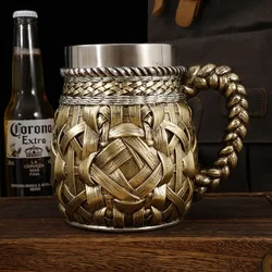 Bamboo Woven Wooden Barrel Beer Mug 3D Large Capacity Resin Stainless Steel Coffee Mug Wine Glass Personalized Bar Decoration