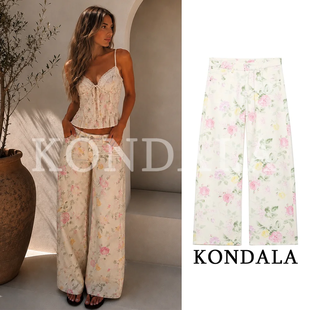 KONDALA Women Floral Denim Long Pants New 2026 Summer Trendy High Street Wide-Leg Pants Holiday Elegant Chic Low Waist Trousers