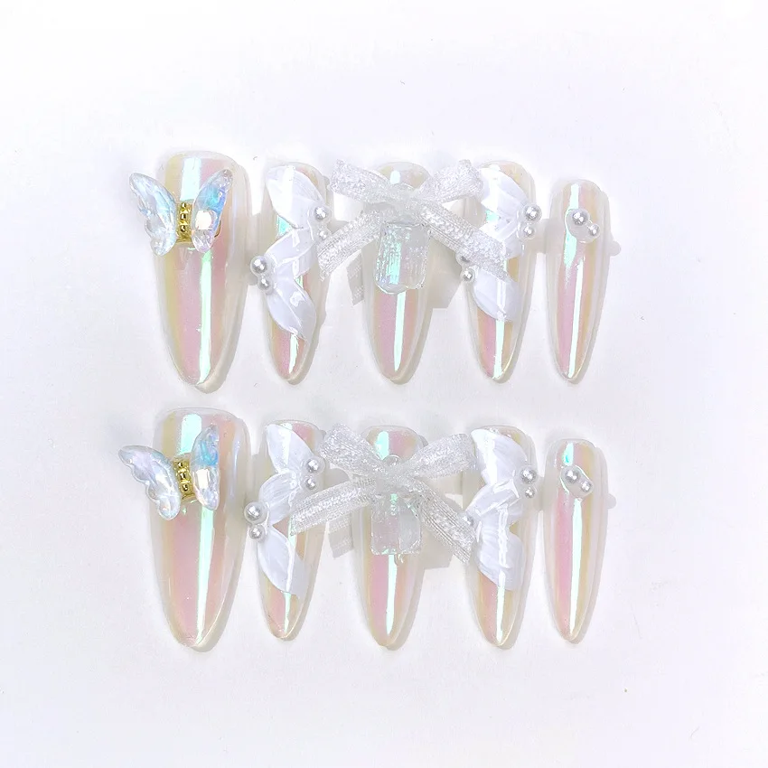 Purely hand-painted bow white moonlight False nails 10PCS