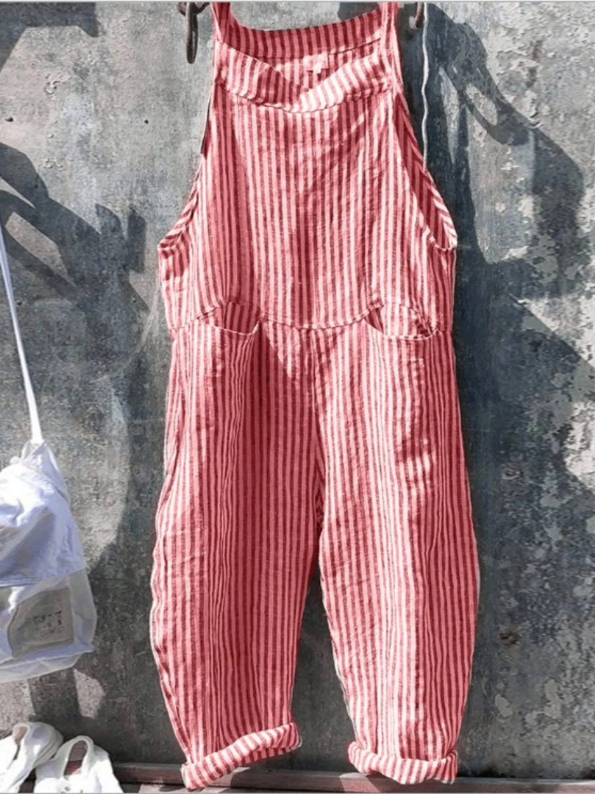 루즈 스트라이프 캐주얼 여성용 오버롤 편안한 긴 바지 패셔너블한 통기성 어깨끈 바지