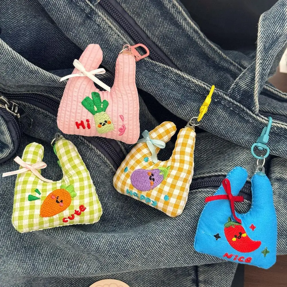 Cloth Bag Pendant Plaid Bag Charm 1 or 2 Pcs Embroidery Vegetable Keychain Mini Plaid Grocery Bag Charm Purse Handbag Decoration