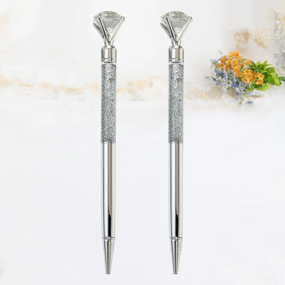 

2Pcs Metal Pen Ball-Point Pen Large Crystal Diamond Sparkling Gift for Office School Graduation Award Silver Ball Pens