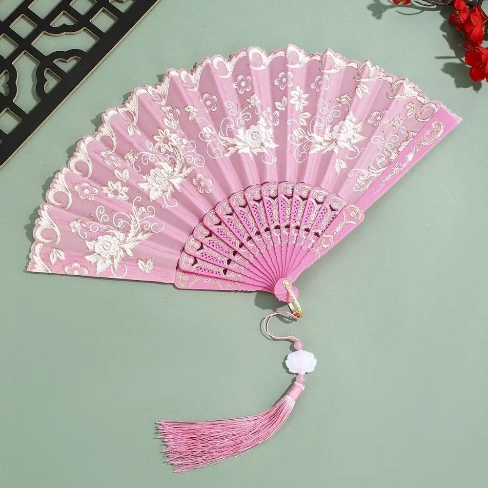 with Tassel Vintage Silk Folding Fan Flower Carving Hot Stamping Chinese Style Fan Handmade Decorative Fan Performance Props