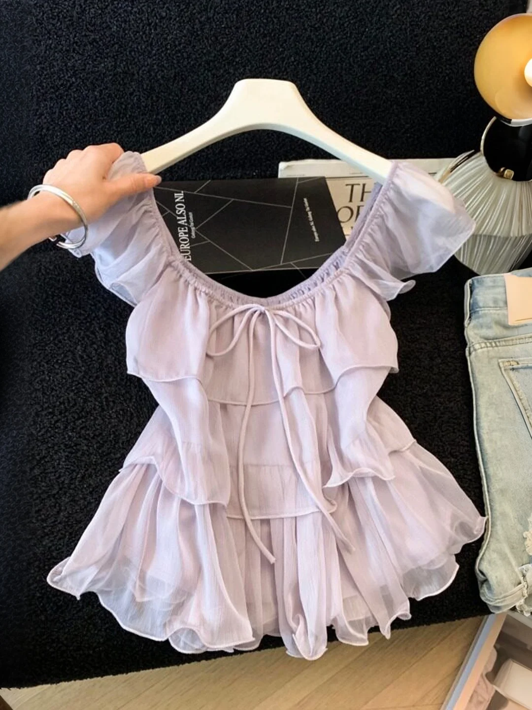 

Sweet Purple Lace Trim Belted Women's Shirt Summer 2026 Elegant Beautiful Fly Sleeve Top Korean Style Commute Fashion