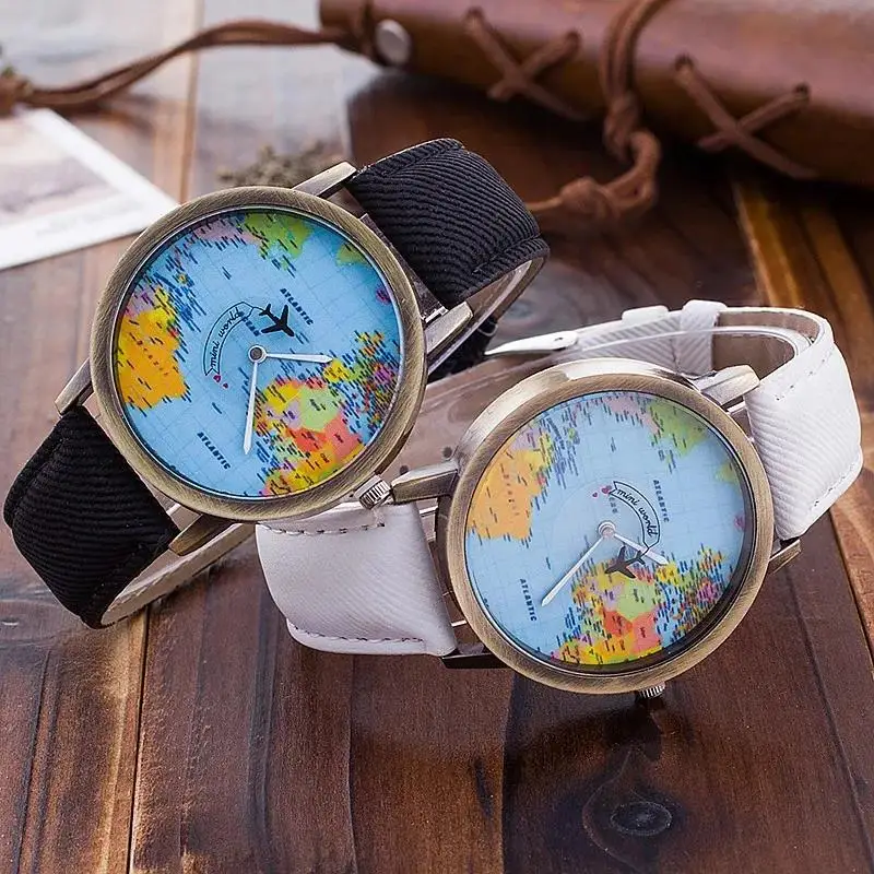 Quartz Watch for Men Unisex Airplane Travel Around the World Women Leather Dress Wristwatch Clock  Hot Sale Mini World Watches