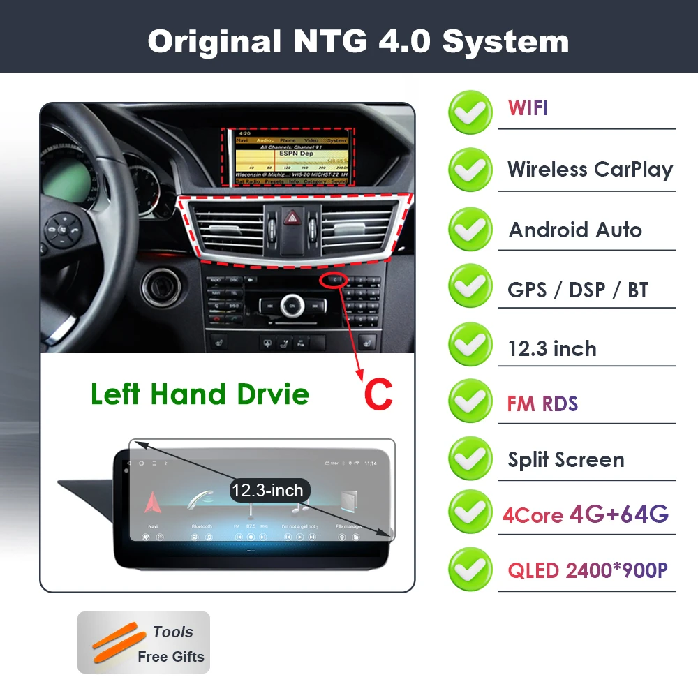 Draadloze Carplay voor Mercedes Benz E-Klasse W212 2009-2015 Android 16 autoradio video DSP stereo GPS QLED touchscreen 4G WiFi BT