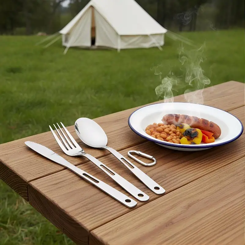 [J] 3Pcs Portable 430 Stainless Steel Tableware With Carabiner Outdoor Camping Picnic Knife Fork Spoon Set Travel Tableware