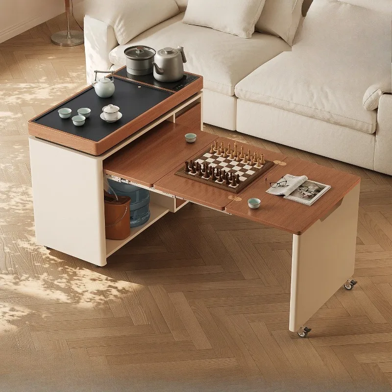 Solid wood mobile coffee table living room home 2025 new high-end small telescopic Kung Fu tea integrated folding coffee table