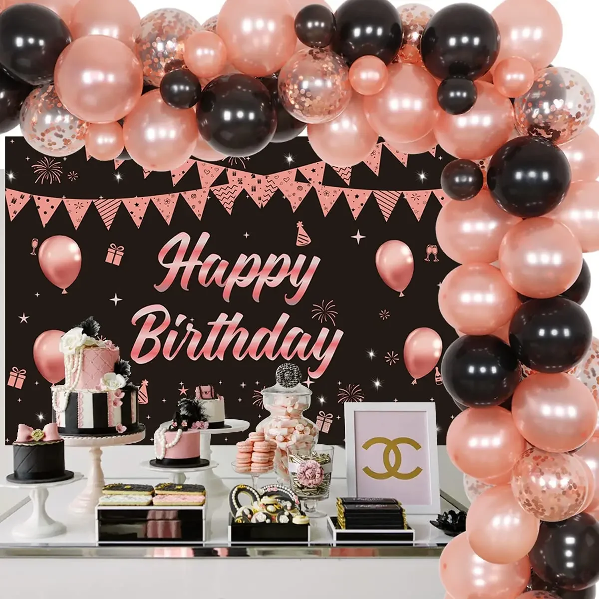 Black and rose gold  balloon garland set happy birthday background for ladies and girls 30th 40th 50th birthday party supplies