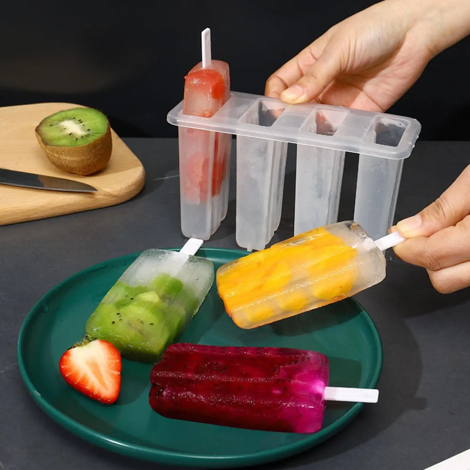 Moldes de silicona de 4 cavidades para paletas de hielo, de calidad alimentaria, para hacer helados, chocolate, dulces, frutas, yogur, gelatina, postres, pasteles y galletas.