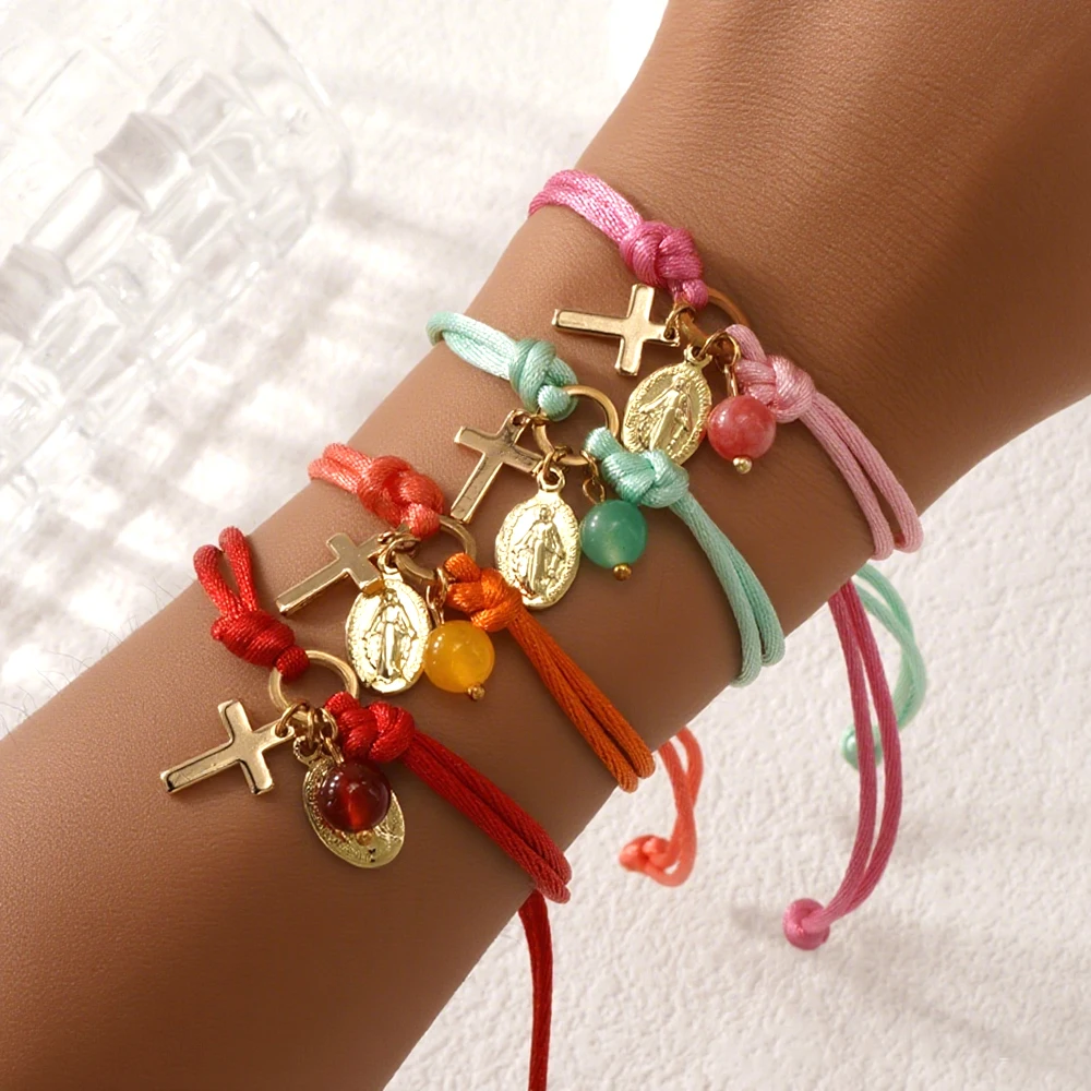 1pc Copper Bohemian Cross Charm Rope Chain Bracelet Adjustable Religious Jewelry For Women