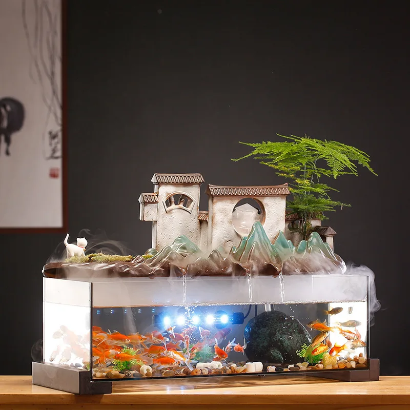 

Glass Fish Tank Flowing Water Fountain Rockery Living Room Office Desktop Decoration Housewarming Gift Zen Garden Aquarium
