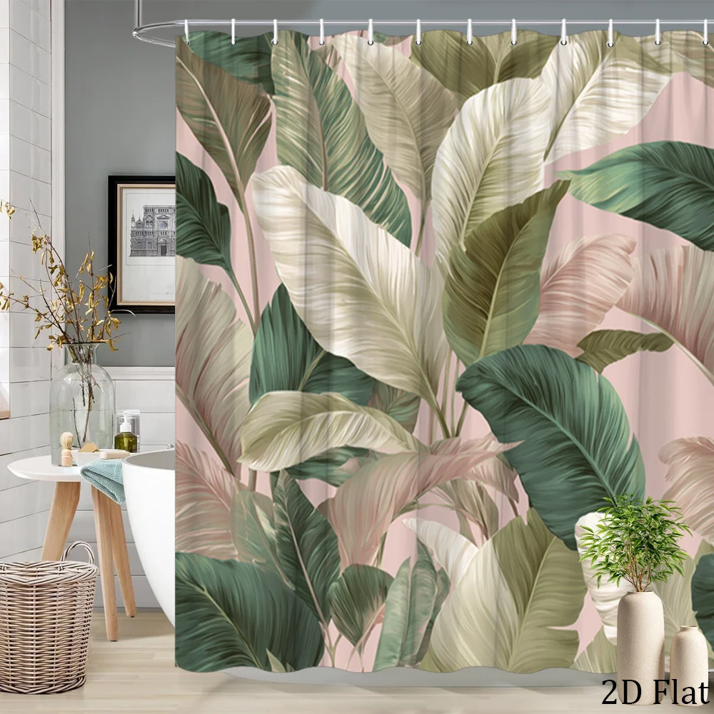 

Tropical Leaf Shower Curtain Bathroom Decor Jungle Green Pink Printed Waterproof Shower Curtain